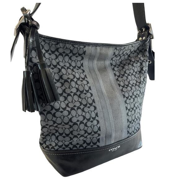 Coach Legacy Stripe Duffle Shoulder Bag Black Gray Signature Canvas Leather Trim - Picture 3 of 12